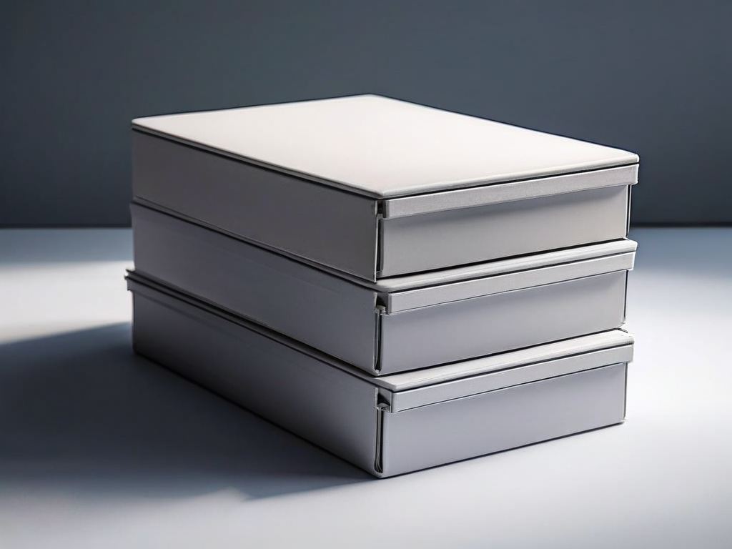 Stack of blank white index cards aligned in a gray storage box with matching dividers, soft side light and clean shadow.