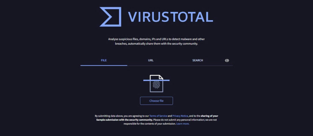 VirusTotal upload page with file, URL, and search options for inspecting a suspicious subtitle download.