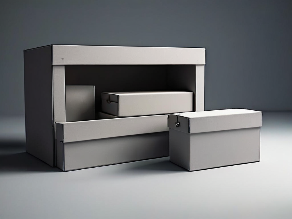 Small archive boxes with blank compartment inserts on a matte gray surface, soft side light, clean shadows.