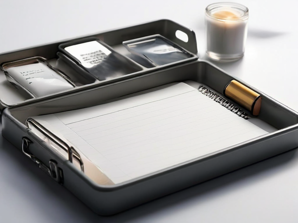 Compact note cards with handwritten labels organized in a divided tray on a matte gray surface.