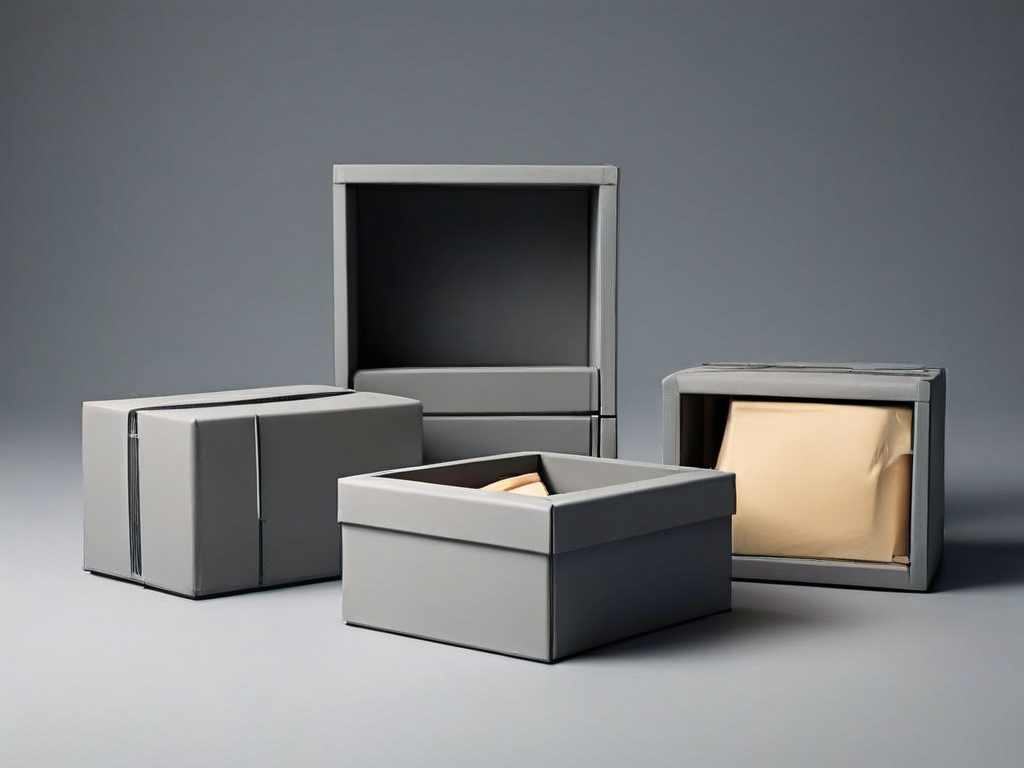 Small archive boxes with blank compartment inserts arranged on a matte gray surface, representing practical information...