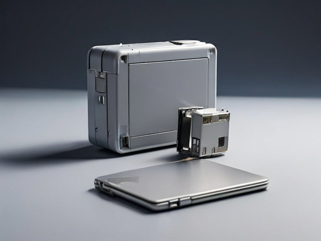 A gray external hard drive, blank memory card, and empty photo sleeve arranged on a matte studio surface.