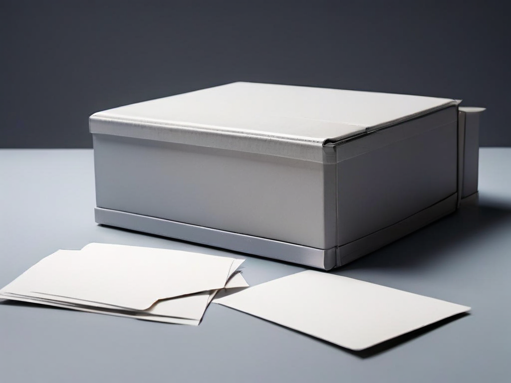 Stack of blank view-count cards beside a sealed archive box on a gray studio surface.