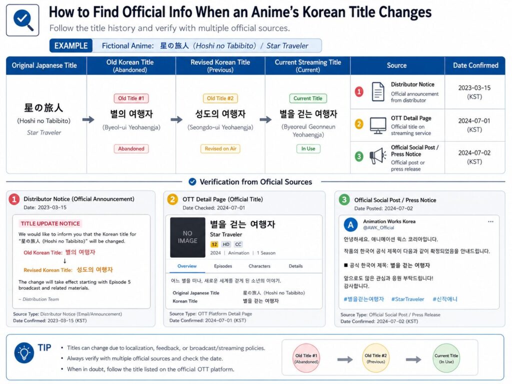 Infographic tracing an anime from its original Japanese title through two former Korean titles to the current streaming title, verified with a distributor notice, OTT page, and official social post.