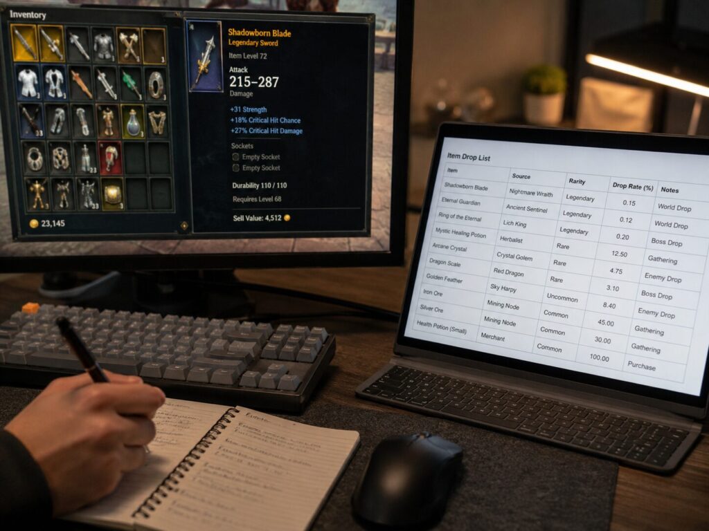 Player cross-checking in-game weapon stats against a community database of item drop rates and recording the findings.