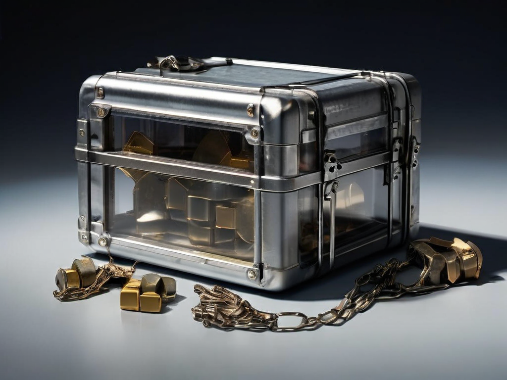 A sealed metal case with a short chain and small file-location blocks on a neutral acrylic tray.