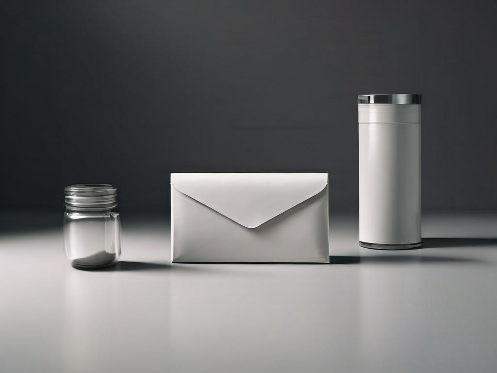 Sealed envelope and confirmation slip beside a storage block on gray studio surface.