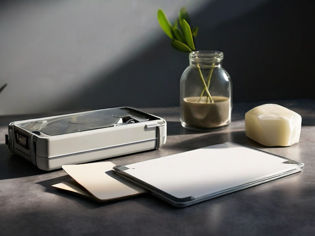 Portable drive and blank cards on neutral tray for file review metaphor