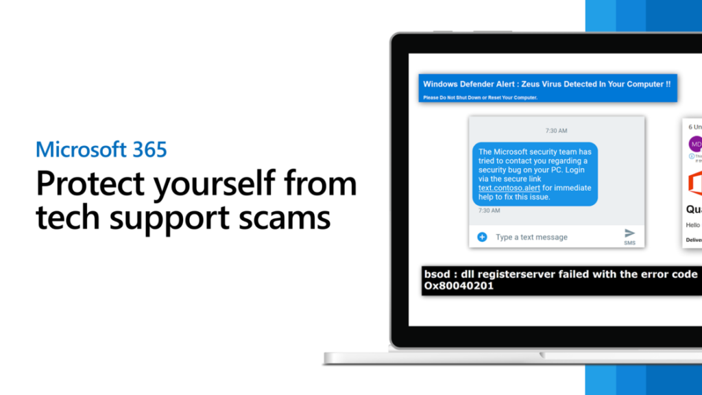 Microsoft illustration of a tech support scam using fake virus alerts and error messages to trick users into making contact or downloading malicious software.