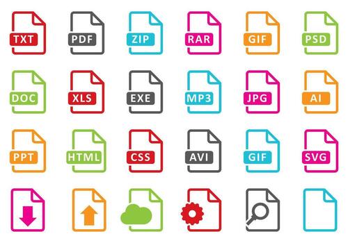 Common file extension icons including ZIP, RAR, and EXE, illustrating the need to verify file types before opening downloaded subtitles.