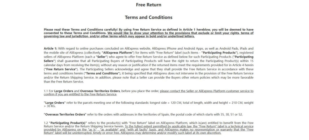 AliExpress Free Return terms explaining that eligible labeled products may be returned within 15 days using a prepaid shipping label.
